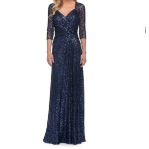 NEW LA FEMME Navy Blue Ruched Sequin Column Gown